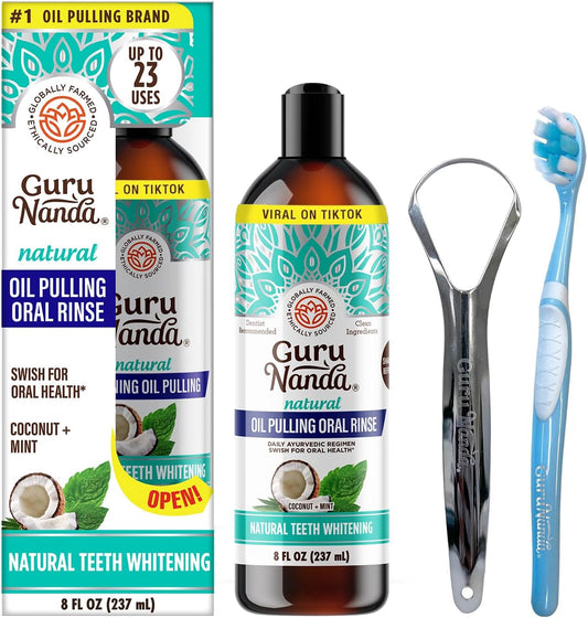GuruNanda Coconut Oil Pulling Mouthwash with 7 Essential Oils & Vitamins – Alcohol-Free, Fresh Breath & Teeth Whitening, 8 oz
