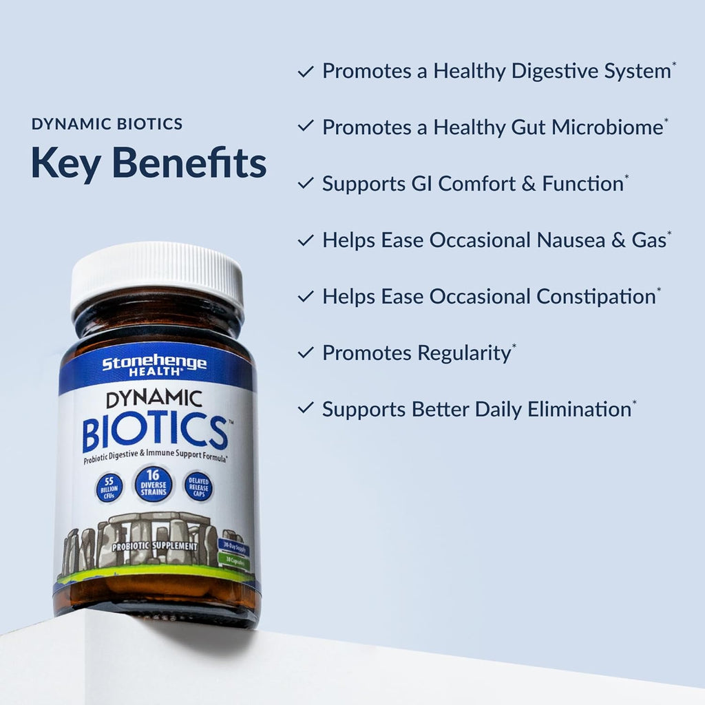 Stonehenge Health Probiotics 55 Billion CFU - 16 Strains, Prebiotic, Synbiotics Dynamic Biotics - Lactobacillus Acidophilus, Delayed Release, Shelf Stable, Non-GMO Gluten Free Veggie Capsule