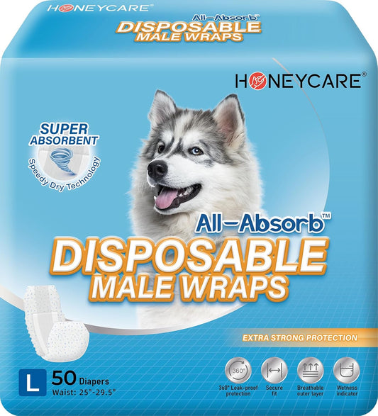 HONEY CARE All-Absorb Male Dog Wraps – Leak-Proof, Super-Absorbent, Breathable Diapers for Large Male Dogs