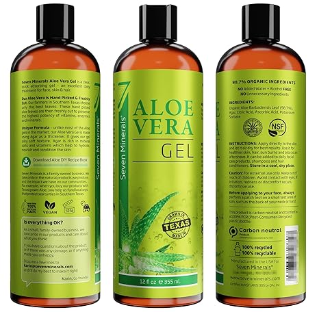 Seven Minerals Organic Aloe Vera Gel – 100% Pure, Freshly Cut, 12 oz