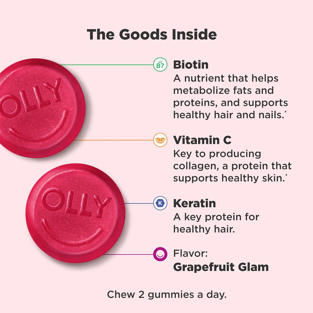 OLLY Undeniable Beauty Gummies – Biotin, Vitamin C & Keratin for Hair, Skin & Nails, 30-Day Supply, Gluten-Free Grapefruit Flavor - Ballimart