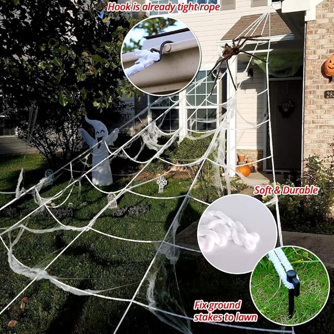 200" Halloween Spider Web with 59" Giant Spider – Triangular Huge Spider Web for Indoor & Outdoor Decorations, Haunted House, Yard, Parties & Costumes