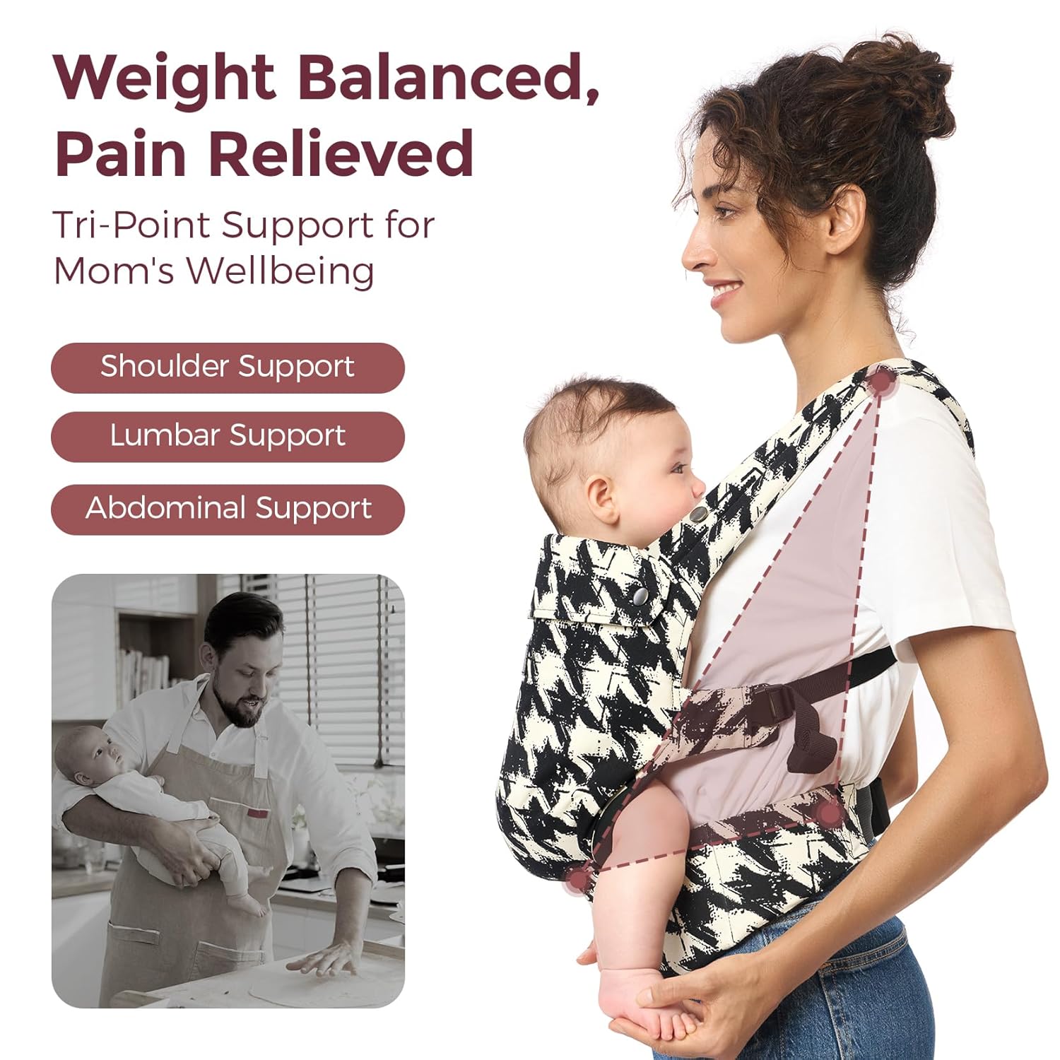 Momcozy Baby Carrier – Ergonomic, Lightweight Infant to Toddler Carrier (7-44lbs) with Enhanced Lumbar Support, Hands-Free Parenting, Houndstooth Design