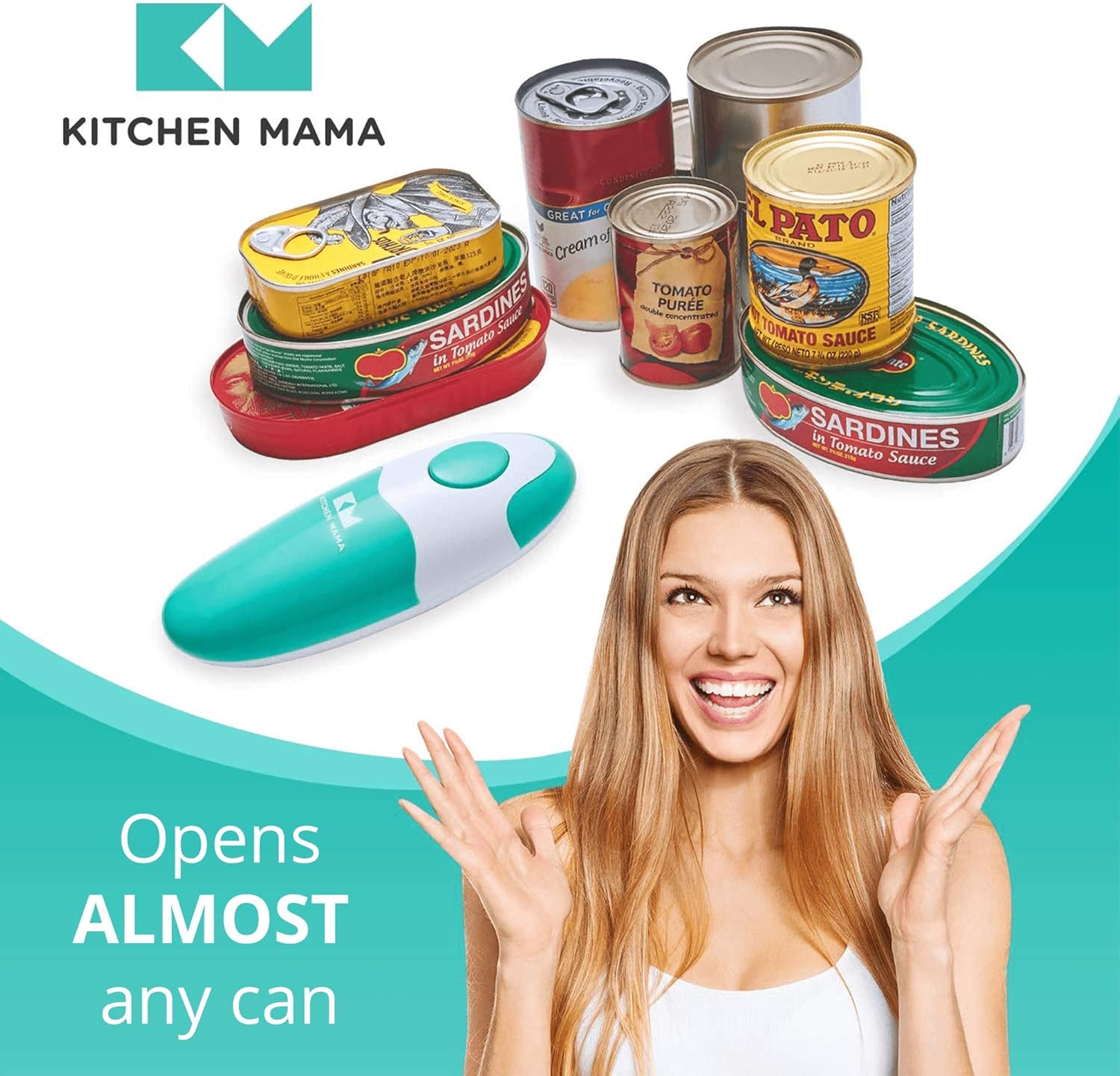 Kitchen Mama Auto Electric Can Opener – Hands-Free, Smooth Edge, Battery Operated, Food-Safe, Arthritis-Friendly, YES YOU CAN (Teal)