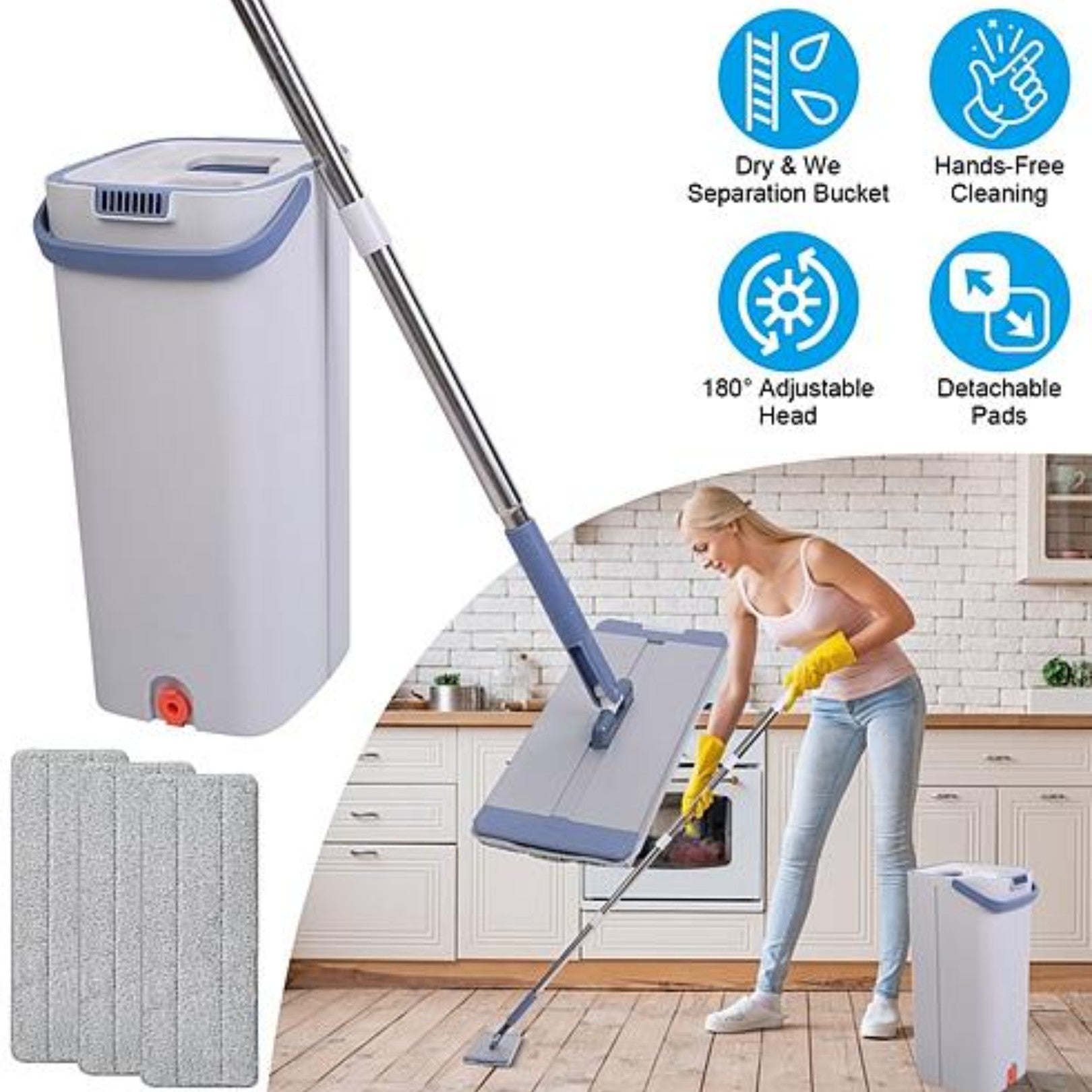 NewHome Mop Bucket with Wringer Set - Flat Floor Mop Clean and Dry Separate Bucket