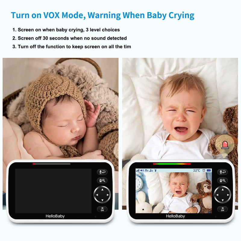 HelloBaby Upgrade 5'' Video Baby Monitor with Camera & Audio – 30-Hour Battery, Night Vision, VOX Mode, 2-Way Talk, 8 Lullabies & 1000ft Range, No WiFi Needed