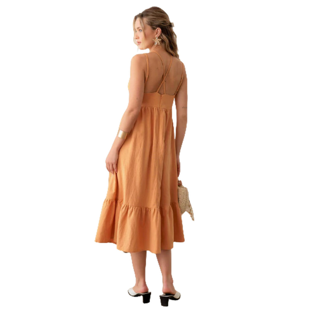 Linen Double Spaghetti Tiered Midi Dress - Ballimart