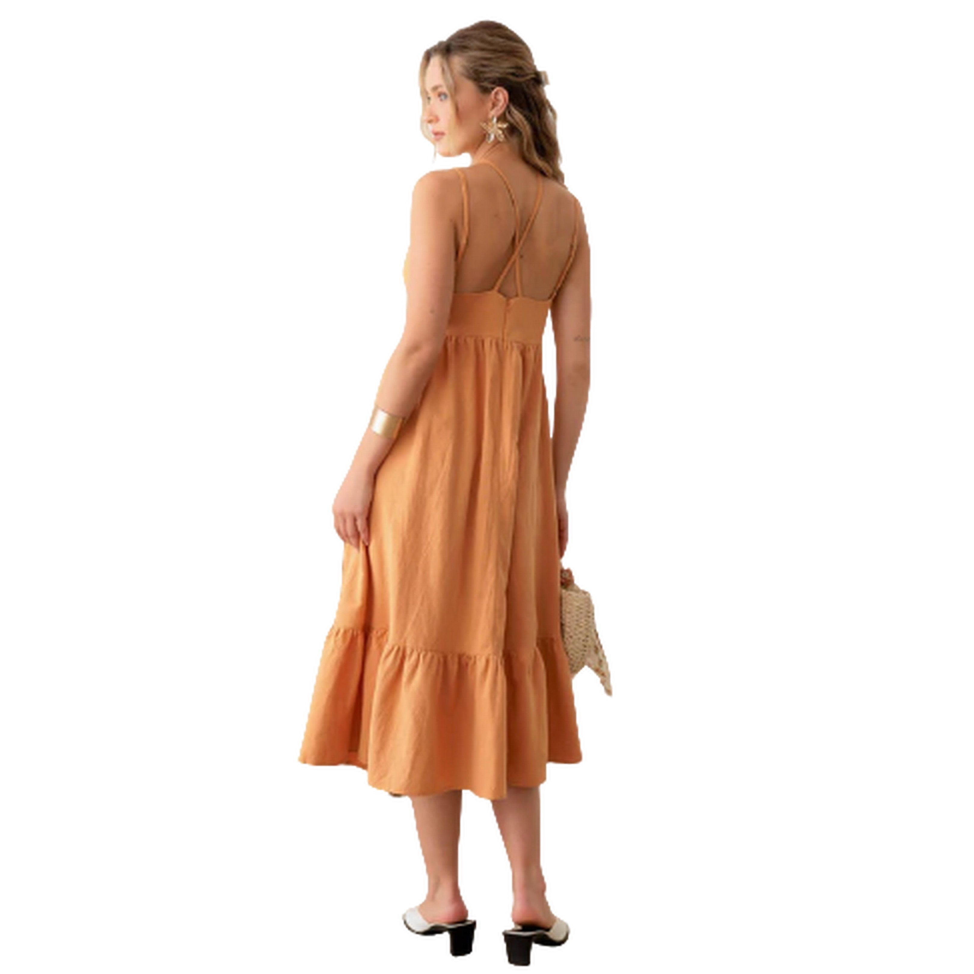 Linen Double Spaghetti Tiered Midi Dress - Ballimart