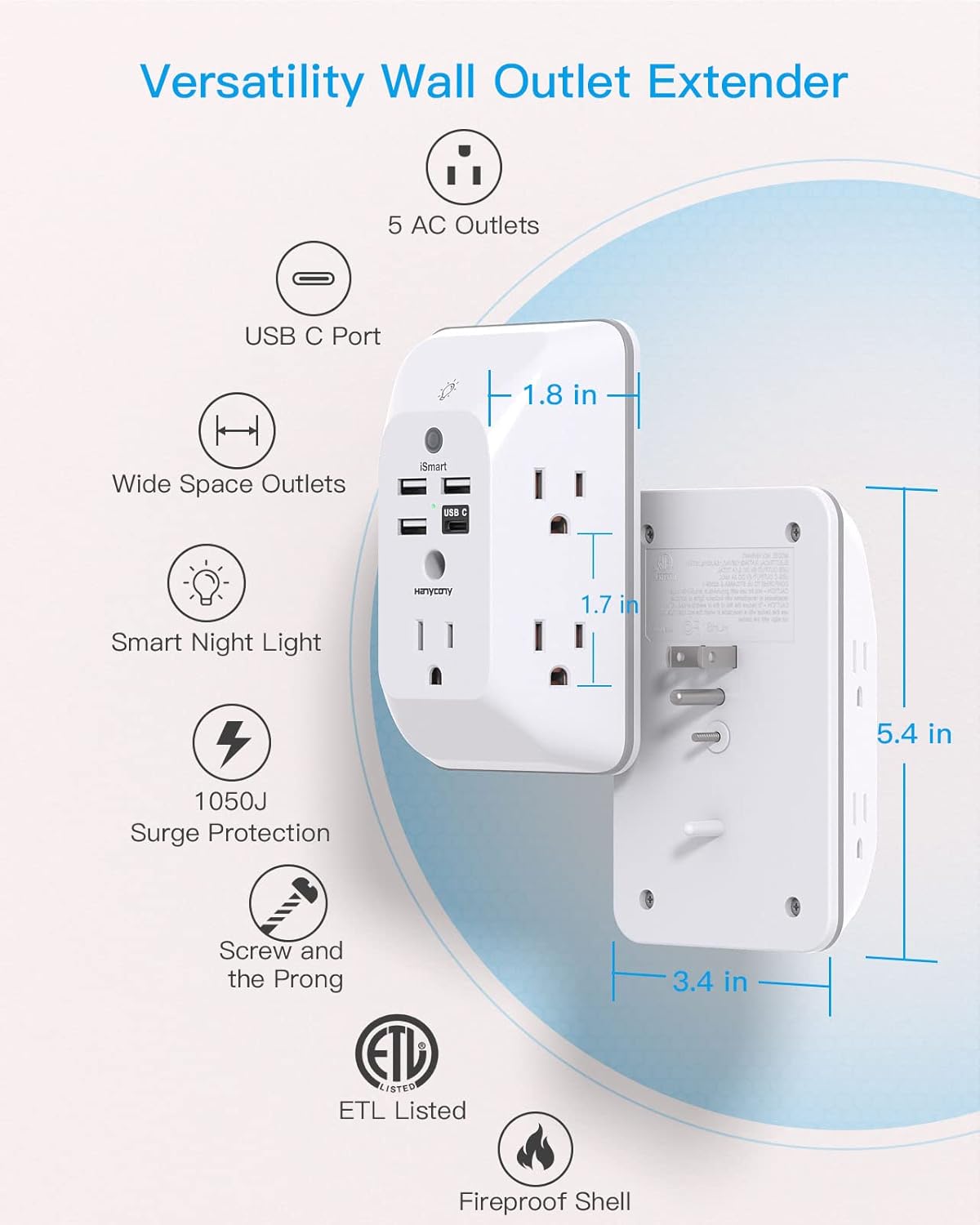 Outlet Extender with Night Light – 4 USB Ports (1 USB-C), Surge Protector, Multi-Plug Power Strip for Home, Office, and Dorm