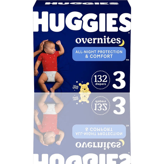 Huggies Overnites Baby Diapers, Size 3 (16-28 lbs), 132 Count | Best-Selling Overnight Diapers with 12-Hour Leak Protection, Soft Comfort Fit & Wetness Indicator - Ballimart