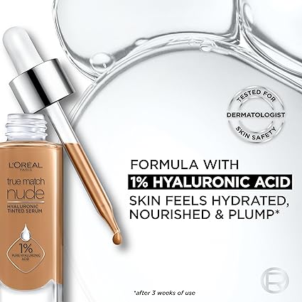 L'Oreal Paris True Match Nude Hyaluronic Tinted Serum Foundation, Light-Medium 3-4, Hydrating Vegan Makeup with 1% Hyaluronic Acid, 1 fl. oz.