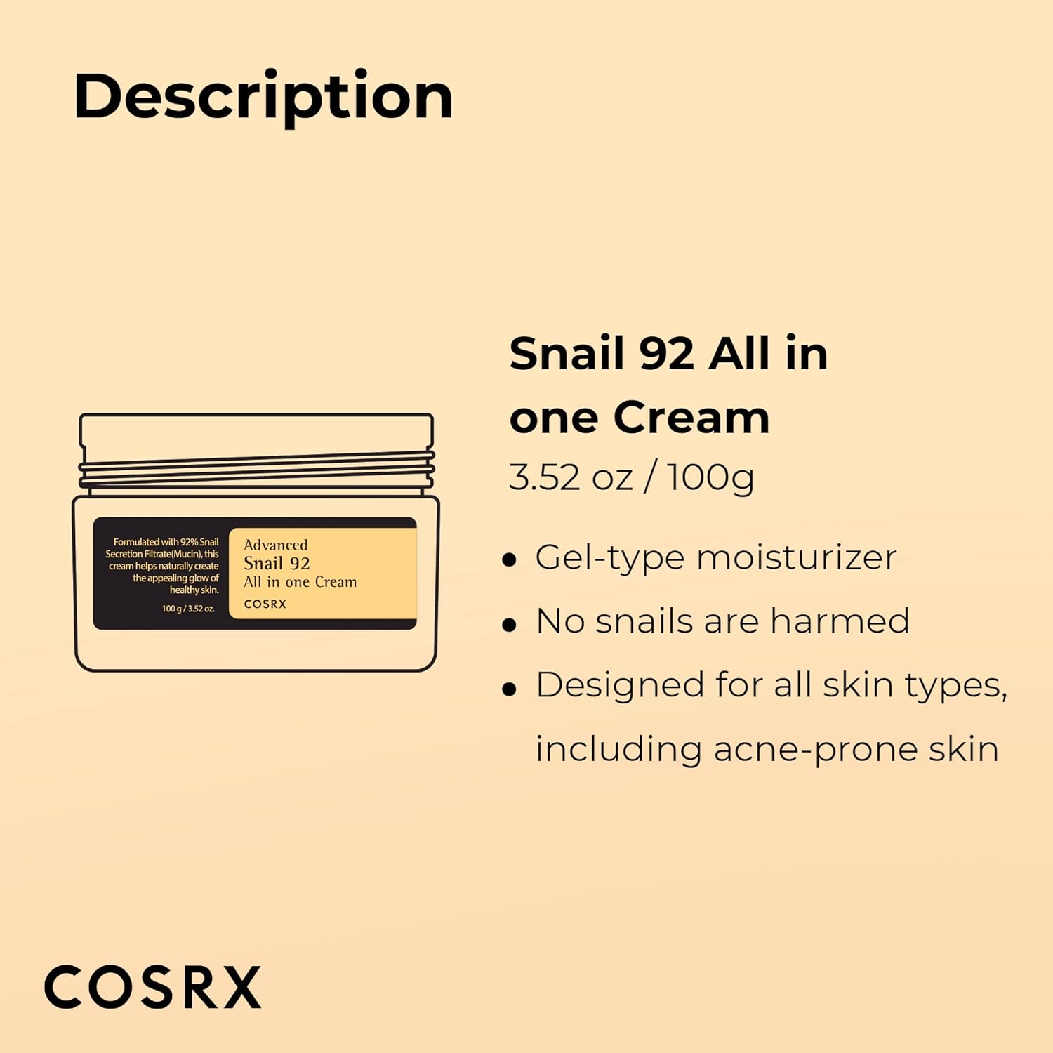Title: COSRX Snail Mucin 92% Face Moisturizer | Lightweight Hydrating Cream for Glowy Skin | Korean Skin Care for Soothing & Repairing – 3.52 oz