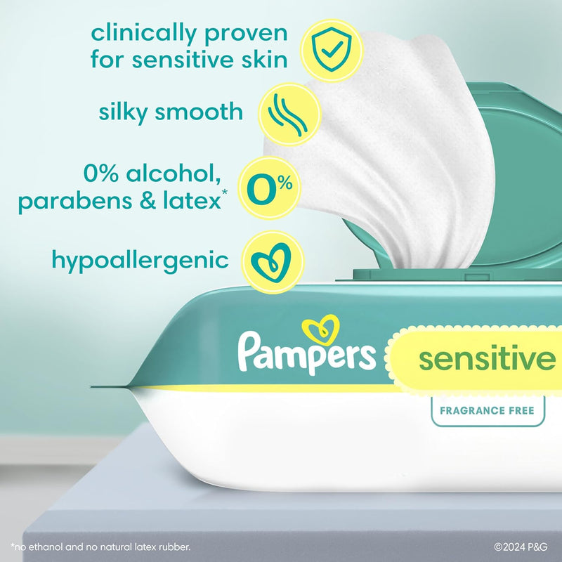 Pampers Sensitive Baby Wipes, Water-Based & Hypoallergenic – 8 Flip-Top Packs + 4 Refill Packs (1008 Wipes Total)