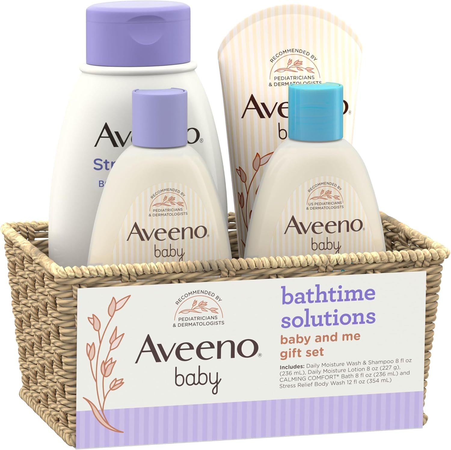 Aveeno Baby & Me Gift Set – Baby Wash & Shampoo, Calming Comfort Bath, Daily Moisture Lotion, and Stress Relief Body Wash for Mom – Oatmeal-Enriched, Hypoallergenic, 4-Piece Bundle