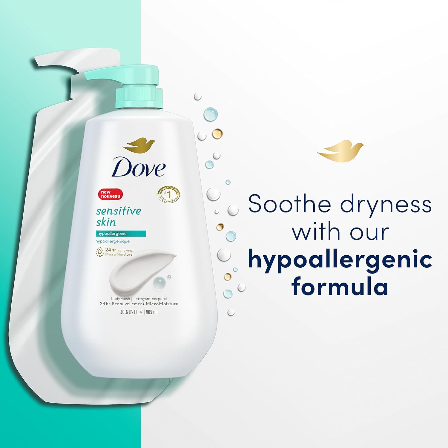 Dove Hypoallergenic Body Wash for Sensitive Skin | Moisturizing Sulfate & Paraben-Free Cleanser, Dermatologist Recommended | 34oz