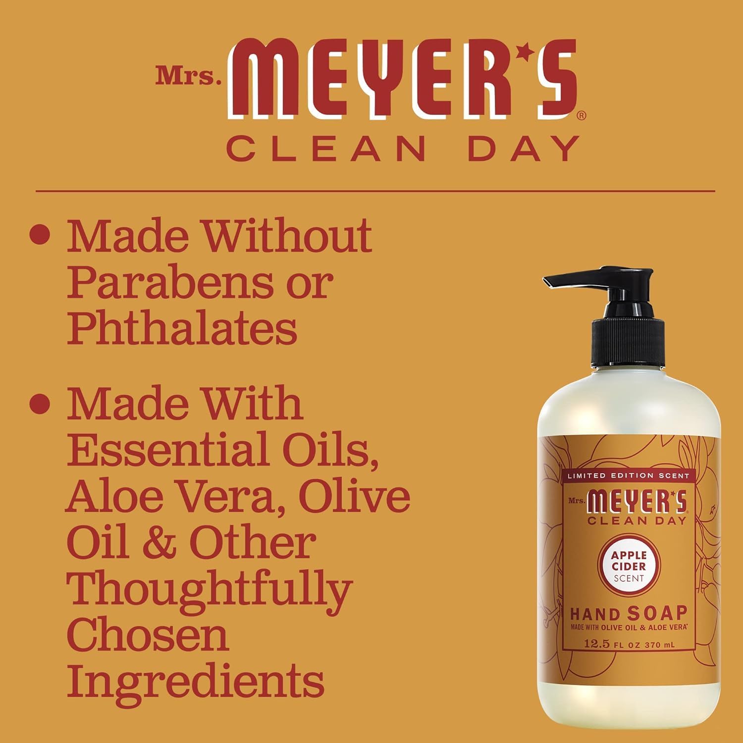 MRS. MEYER'S CLEAN DAY Hand Soap, Apple Cider Scent, Essential Oils, 12.5 Fl Oz (Pack of 3) – Cruelty-Free & Paraben-Free