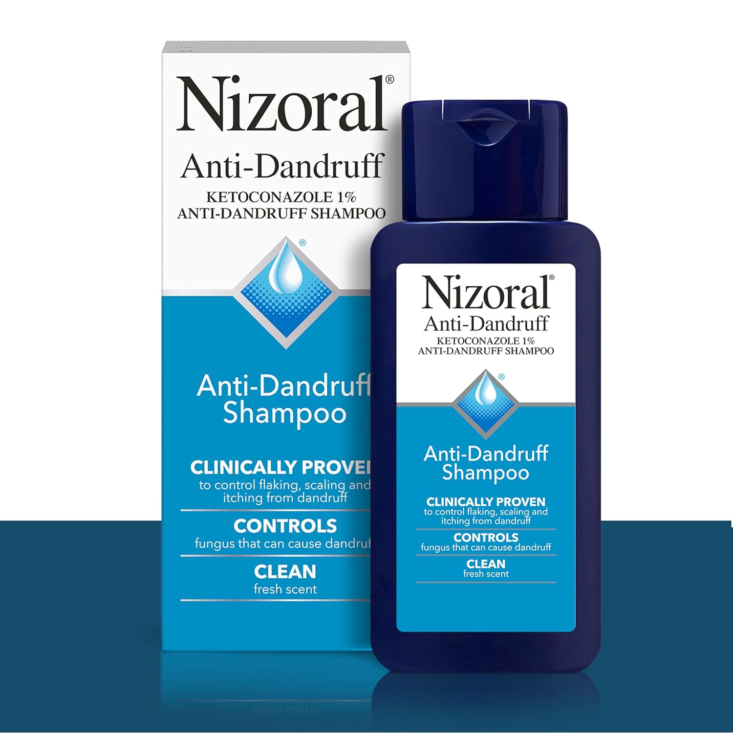 "Fight dandruff with Nizoral Anti-Dandruff Shampoo. Powered by 1% Ketoconazole, it controls flaking, scaling, and itching while leaving hair soft and fresh."