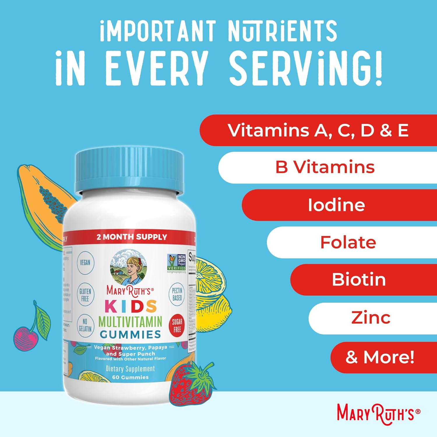 MaryRuth Organics Kids Multivitamin Gummies – Sugar-Free, Vegan, & Allergy-Friendly Daily Vitamins for Ages 2+, 2-Month Supply, 60 Count