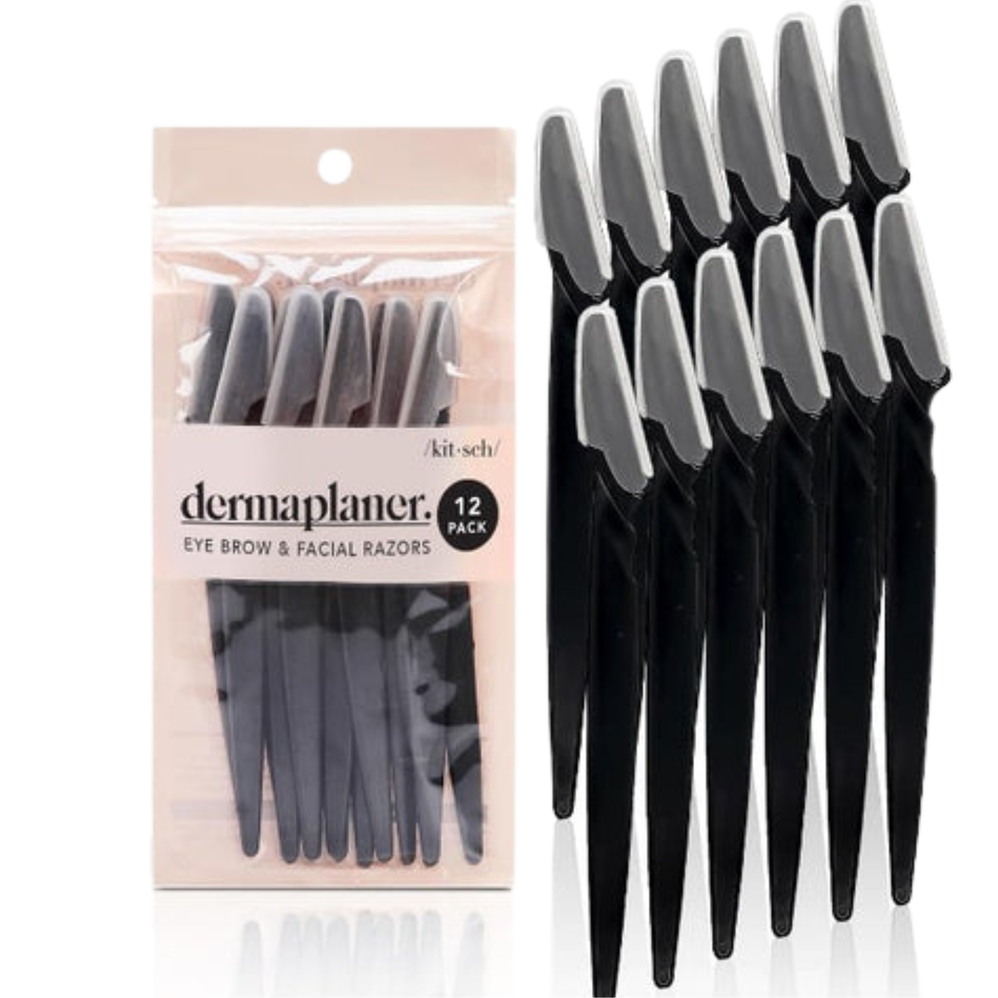 12-pack of dermaplaning razors with packaging on a white background