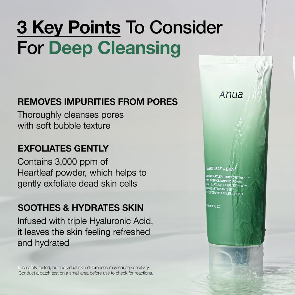 Anua Heartleaf Quercetinol Pore Deep Cleansing Foam | Facial Cleanser with BHA, Hyaluronic Acid, & Glycerin for Double Cleansing | Korean Skincare for Oily & Combination Skin