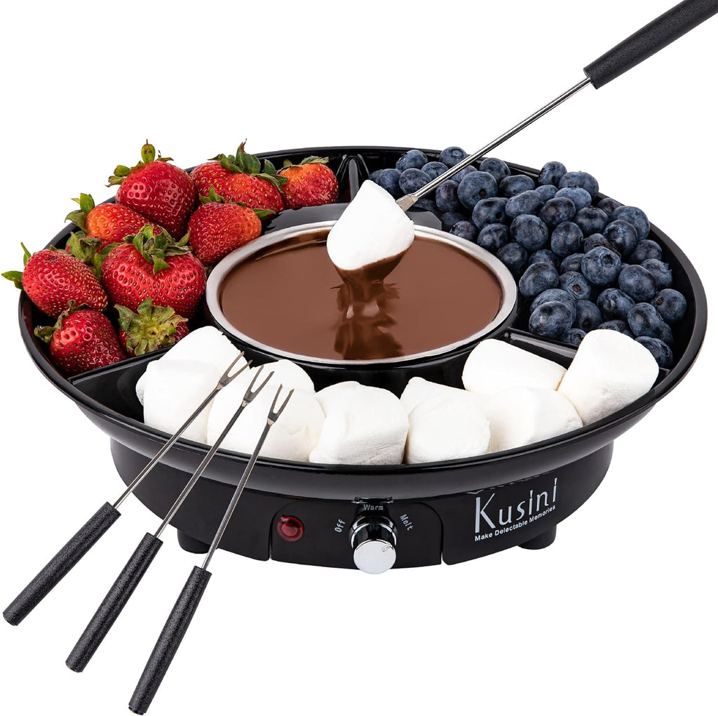 Title Kusini Electric Fondue Pot Set – Chocolate Fondue Kit with Temperature Control, Detachable Serving Trays & 4 Roasting Forks – Ideal for Date Nights, Movie Nights & Game Nights