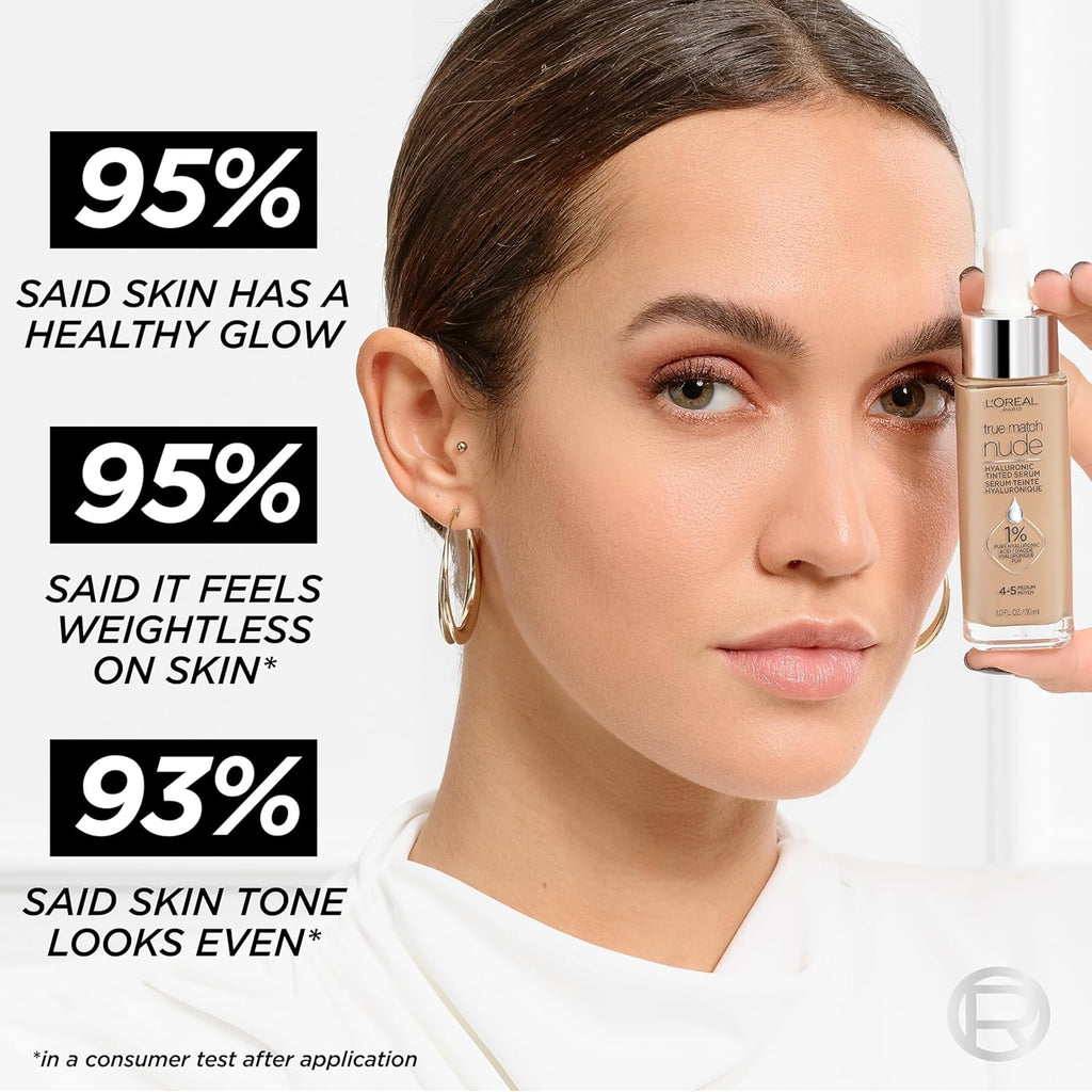 L'Oreal Paris True Match Nude Hyaluronic Tinted Serum Foundation - 1% Hyaluronic Acid, Medium 4-5, 1 fl. oz. | Hydrating, Vegan, Lightweight Coverage