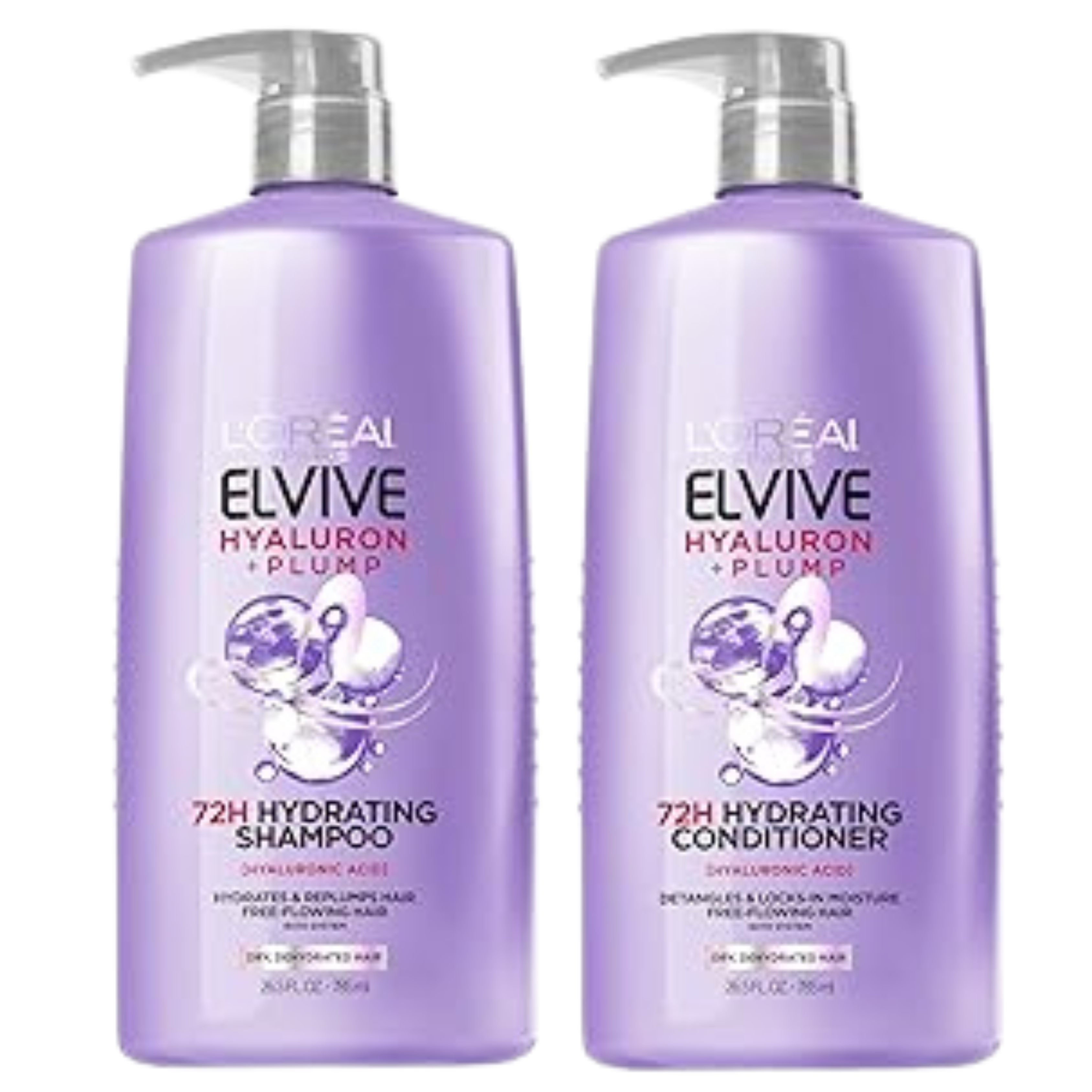 L'Oreal Elvive Hyaluron + Plump shampoo and conditioner bottles on a white background