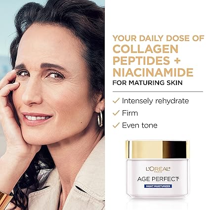 L'Oreal Paris Age Perfect Collagen Expert Night Moisturizer with Collagen Peptides and Niacinamide – Anti-Aging &amp; Anti-Wrinkle Hydrating Cream for Mature Skin, 2.5 oz