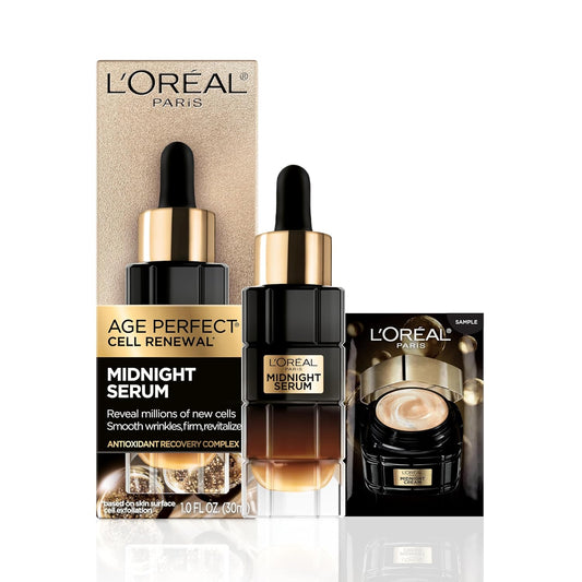 L’Oreal Paris Age Perfect Midnight Anti-Aging Face Serum – Reduces Wrinkles, Firms Skin & Boosts Radiance with Hyaluronic Acid & Antioxidants | Paraben-Free | 1oz + Eye Cream Sample