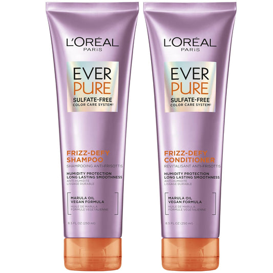 L’Oreal Paris EverPure Frizz Defy Shampoo and Conditioner Set – Sulfate-Free Hair Care with Marula Oil, Anti-Fade Color Protection & 24-Hour Frizz Resistance, 8.5 Fl Oz Each, Vegan Formula