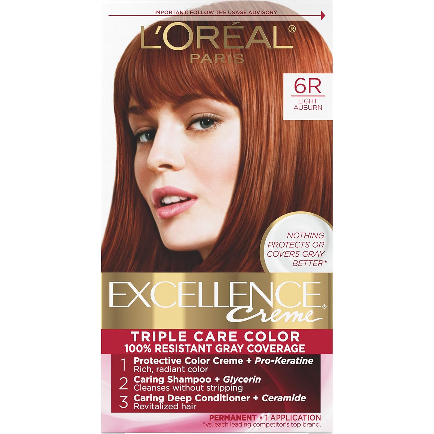L'Oreal Paris Excellence Creme Permanent Hair Color | 6R Light Auburn | 100% Gray Coverage | Triple Care Routine for All Hair Types