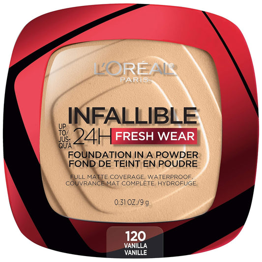 L'Oreal Paris Makeup Infallible Fresh Wear Powder Foundation, 24H Waterproof Coverage, Matte Finish, Vanilla Shade, 0.31 oz