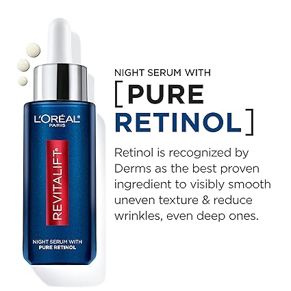 L'Oreal Paris Revitalift 0.3% Pure Retinol Night Serum - Reduces Deep Wrinkles, Fragrance-Free 1 oz + Moisturizer Sample