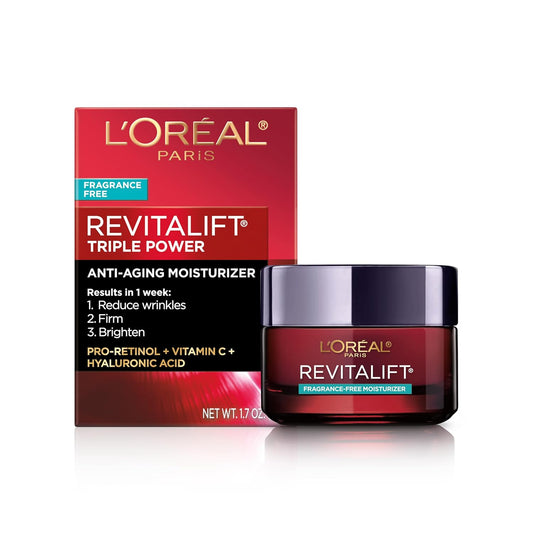 L'Oreal Paris Revitalift Triple Power Anti-Aging Face Moisturizer with Pro-Retinol, Hyaluronic Acid & Vitamin C, Fragrance-Free – 1.7 oz