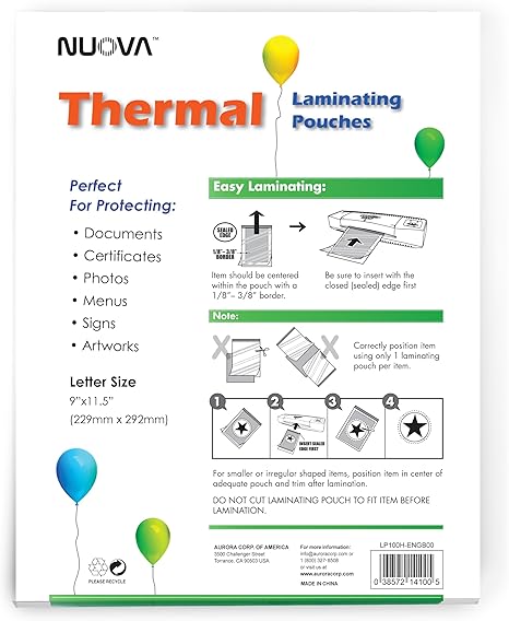 Nuova Premium Thermal Laminating Pouches - 9" x 11.5", Letter Size, 3 Mil, 100 Pack | Clear, Durable, Photo-Safe Protection for Documents & Photos