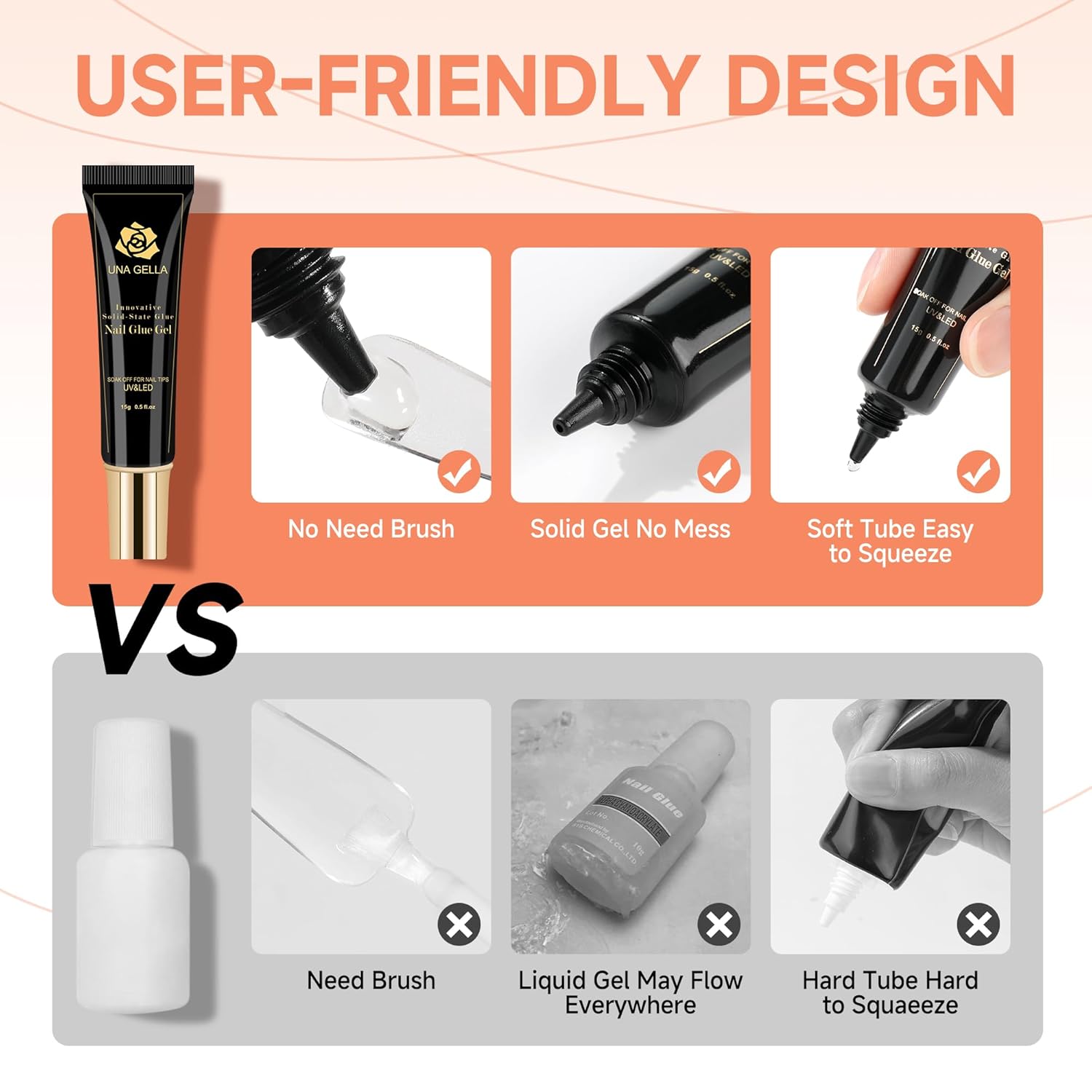 UNA GELLA Soft Gel Nail Tips Glue Gel – 15ml Solid Nail Glue Gel for Press-On, Acrylic & Extension Nails, Super Strong & Long-Lasting, Lamp Cure Needed - Ballimart