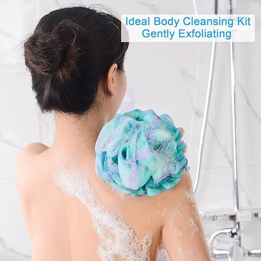 AmazerBath Large Loofah Sponge Set – 75g Exfoliating Bath Sponges with Rich Lather, Durable Knot Design, Soft Body Scrubbers for Smooth Skin – Pack of 4 (Green-Purple)
