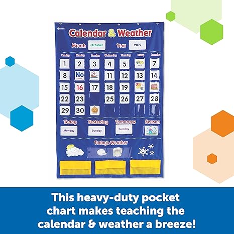 Learning Resources Calendar & Weather Pocket Chart | Classroom Chart with 136 Double-Sided Cards | Teacher Supplies for Preschool, Kindergarten & Beyond