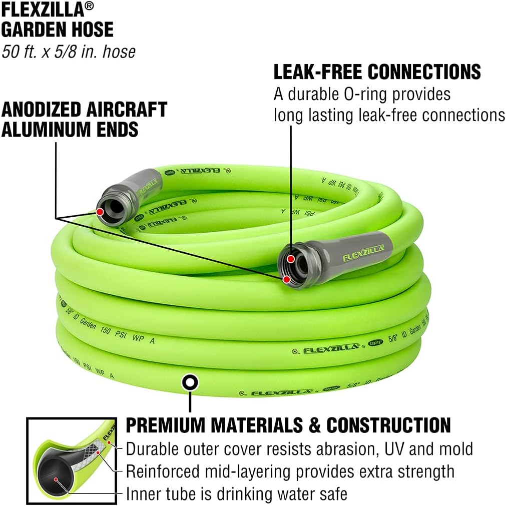 Flexzilla Garden Hose 5/8 in. x 50 ft - Heavy Duty, Lightweight, Drinking Water Safe, ZillaGreen