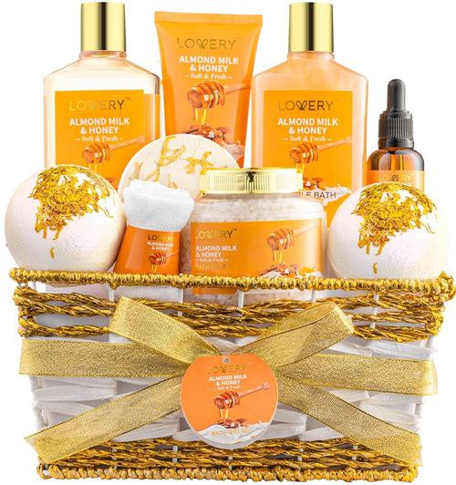 Lovery Almond Milk & Honey product set in a decorative basket on a white background