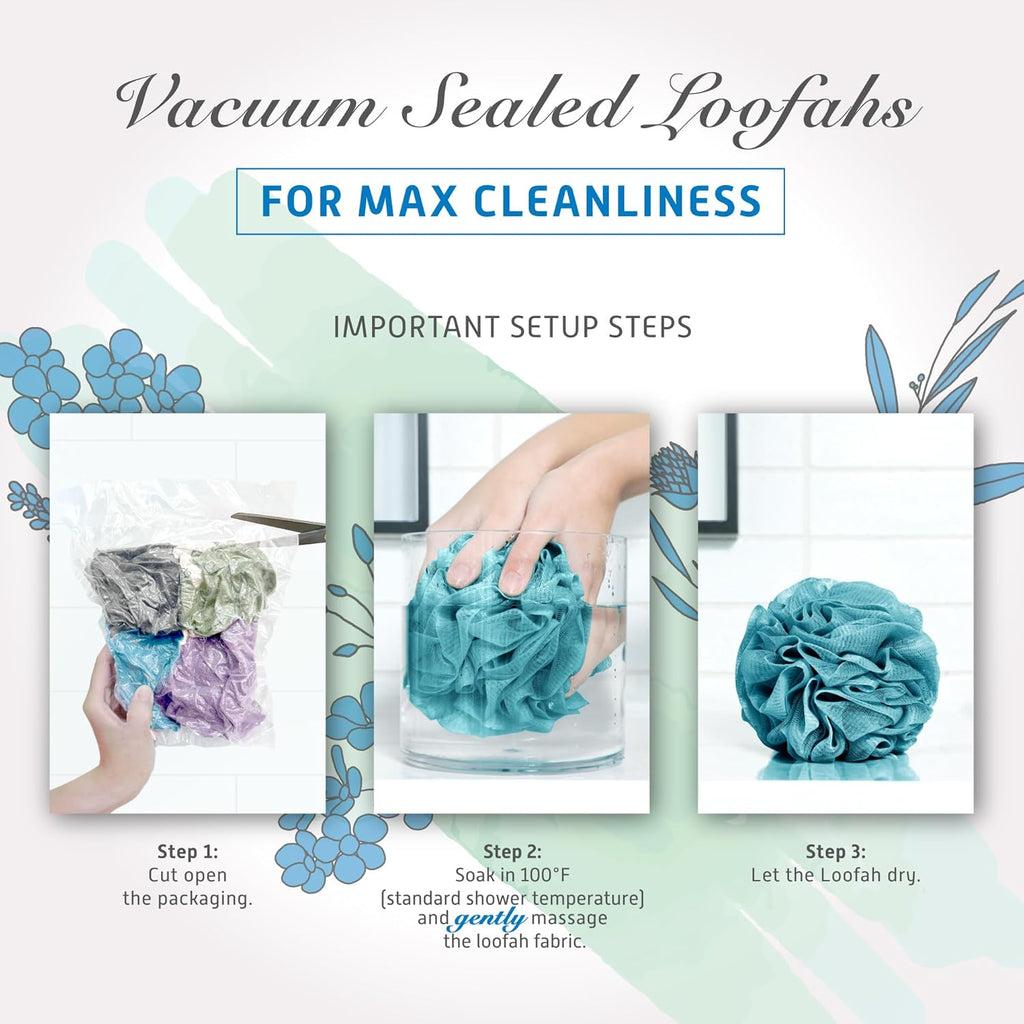 Spongentle Premium Deep Cleansing Loofah Sponge - Exfoliating Bath & Shower Body Scrubber, Pack of 4, Soft & Durable with Hanging Rope | Gentle Exfoliation for Radiant Skin, Beautiful Colors for Women & Men - Ballimart