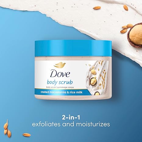 Dove Exfoliating Body Polish – Macadamia & Rice Milk Scrub for Nourished, Visibly Smoother Skin | 10.5 oz