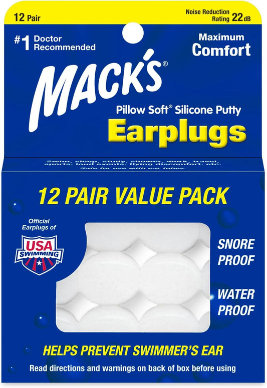 Mack's Pillow Soft Silicone Earplugs – 12 Pair, Moldable Noise-Reducing Ear Protection for Sleeping, Swimming, and Travel