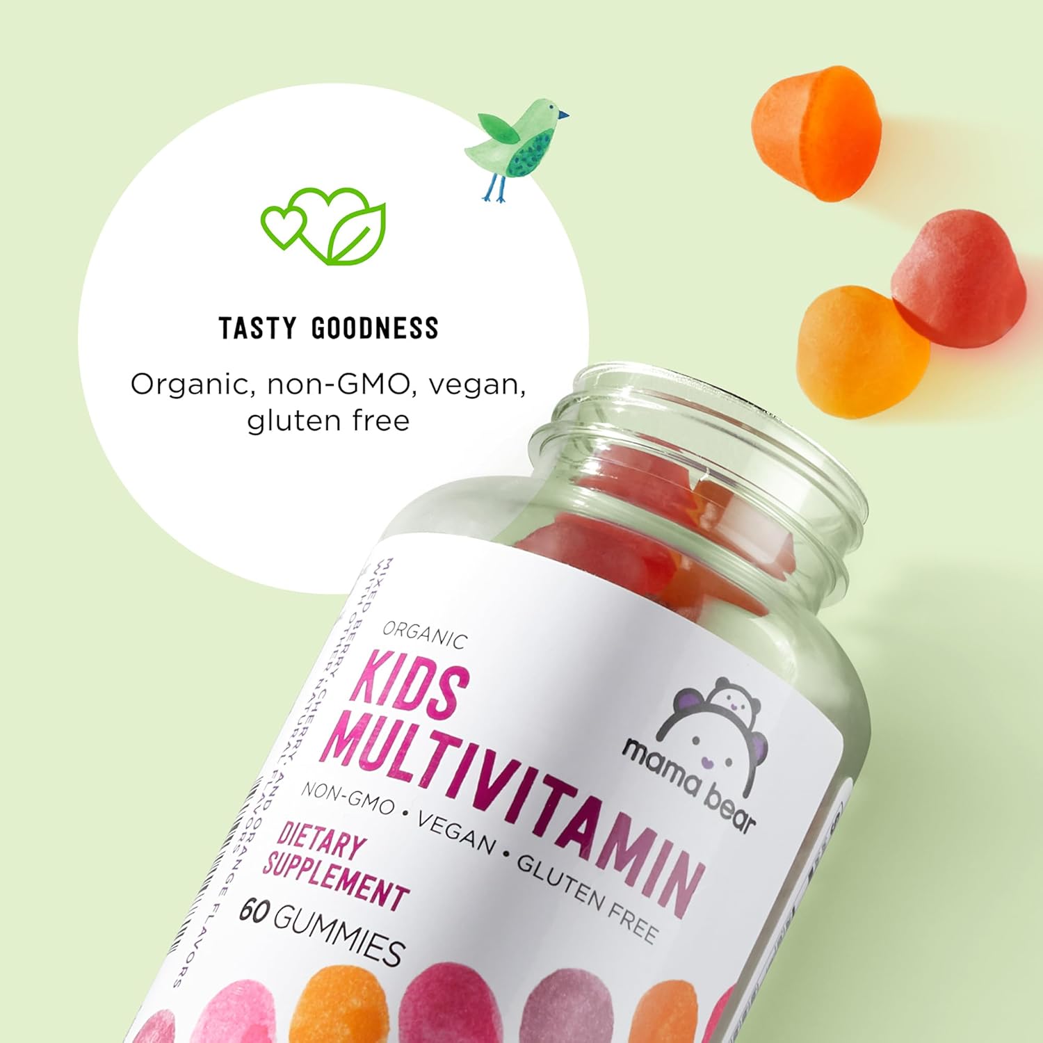 Mama Bear Organic Kids Multivitamin Gummies – 60 Gummies, 1 Month Supply | Berry, Cherry & Orange Flavors