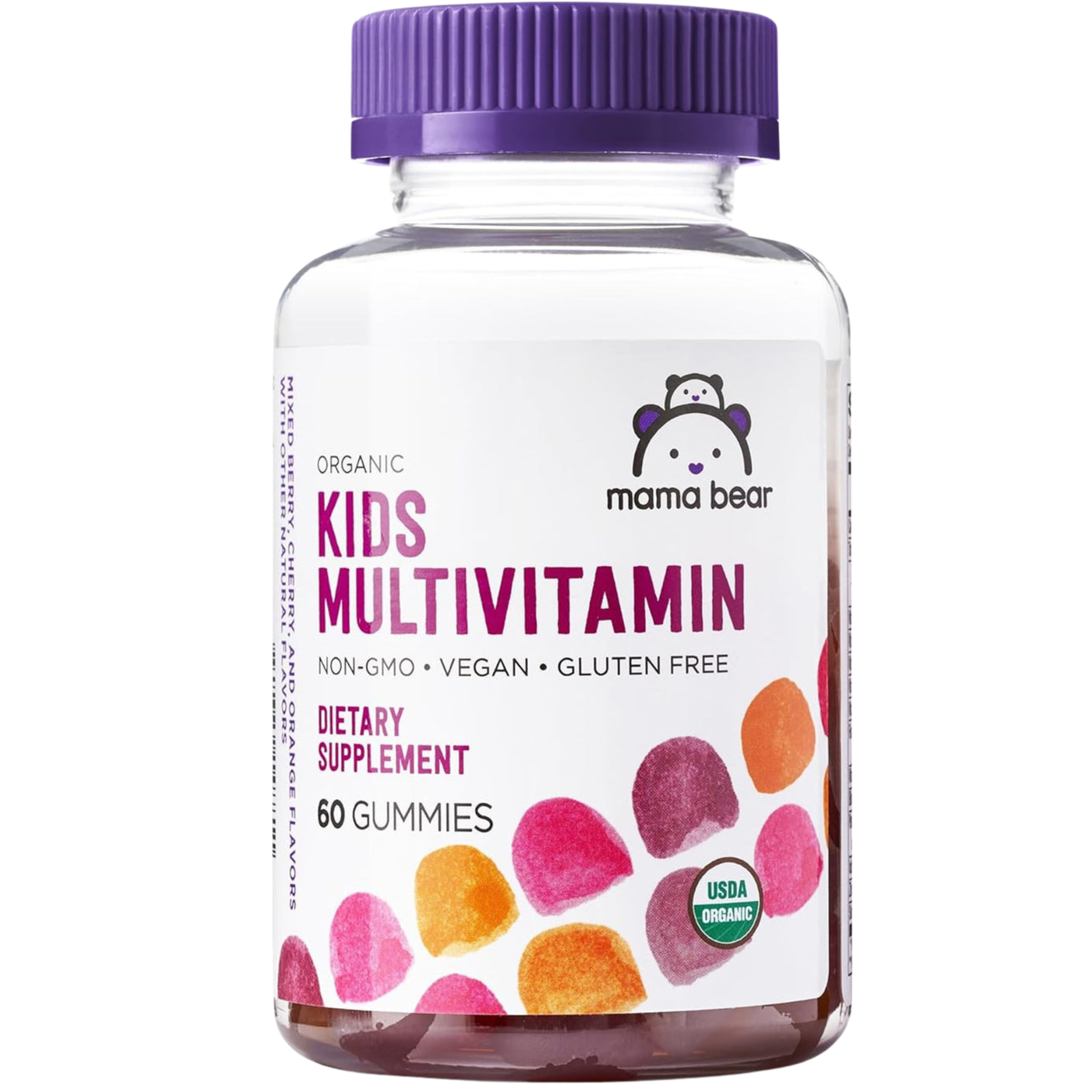 Mama Bear Kids Multivitamin bottle with a purple cap on a white background