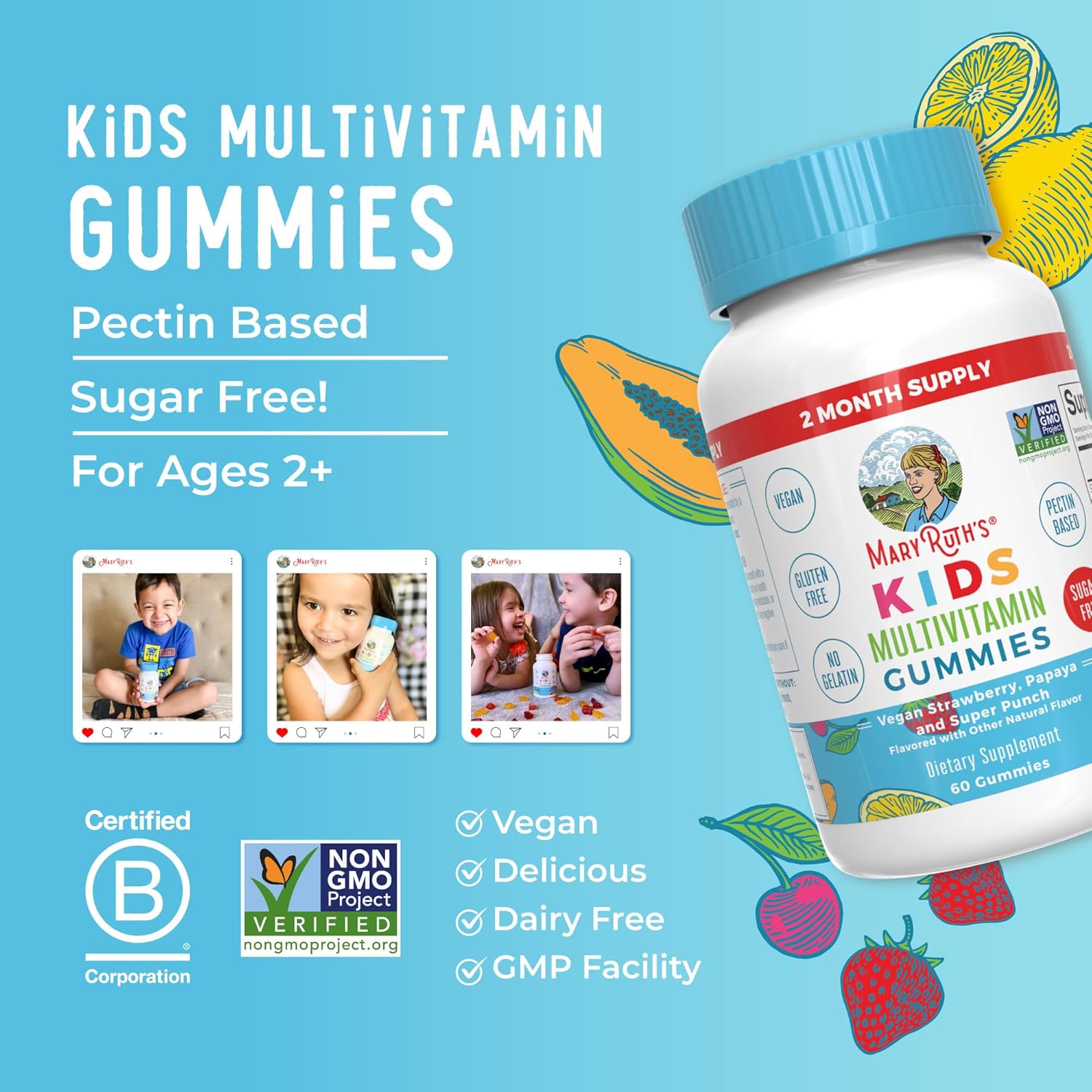 MaryRuth Organics Kids Multivitamin Gummies – Sugar-Free, Vegan, & Allergy-Friendly Daily Vitamins for Ages 2+, 2-Month Supply, 60 Count