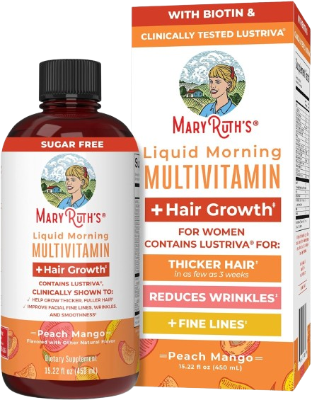 MaryRuth's Liquid Multivitamin with Lustriva® | Biotin 10000mcg for Hair Growth, Thicker Hair, Wrinkle & Skin Care | Vegan & Clinically Tested Multivitamin for Women | 15.22 Fl Oz