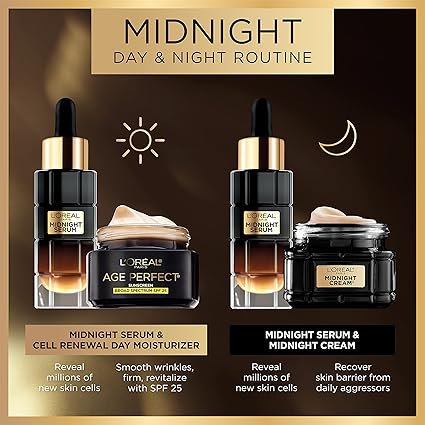 L’Oreal Paris Age Perfect Midnight Anti-Aging Face Serum – Reduces Wrinkles, Firms Skin & Boosts Radiance with Hyaluronic Acid & Antioxidants | Paraben-Free | 1oz + Eye Cream Sample