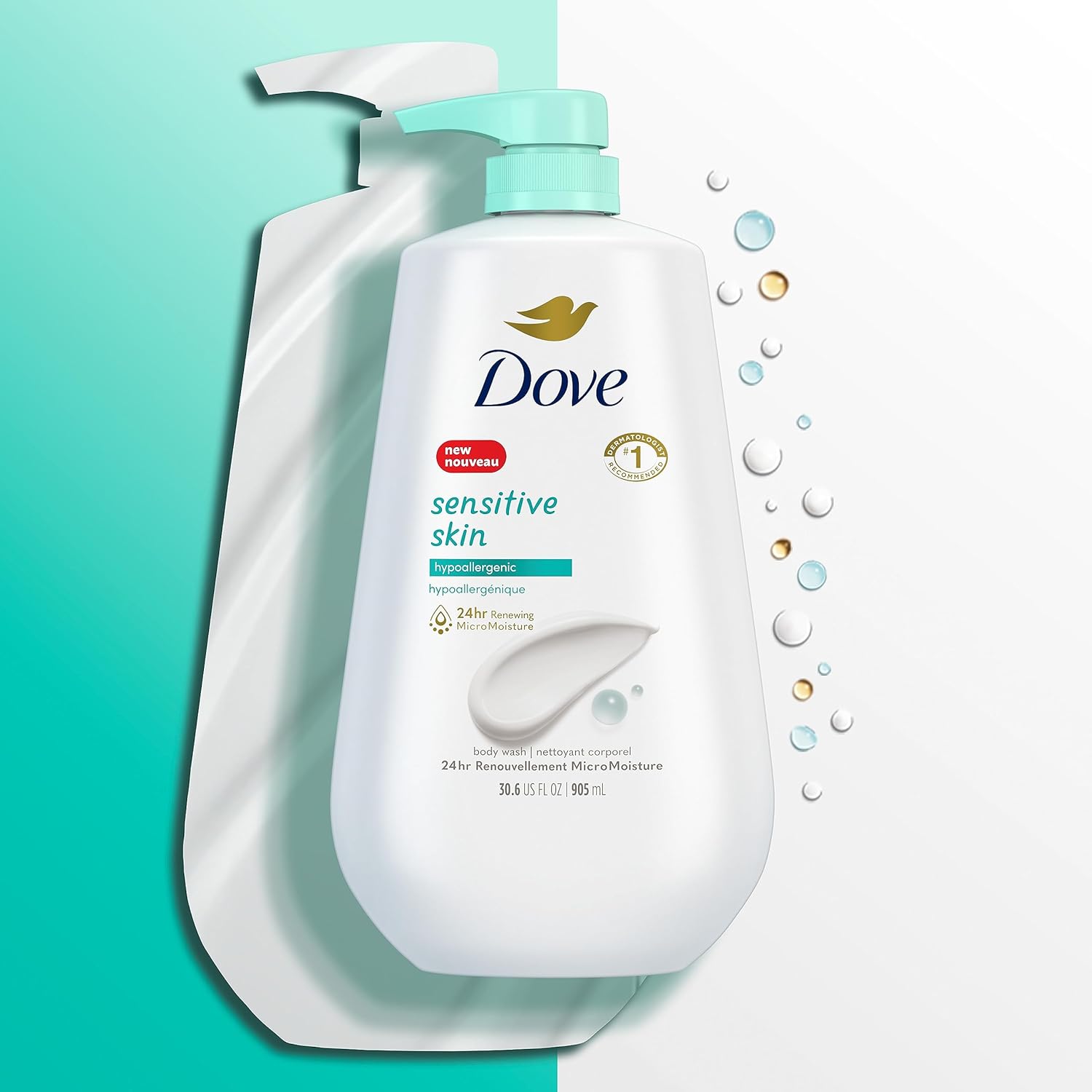 Dove Hypoallergenic Body Wash for Sensitive Skin | Moisturizing Sulfate & Paraben-Free Cleanser, Dermatologist Recommended | 34oz