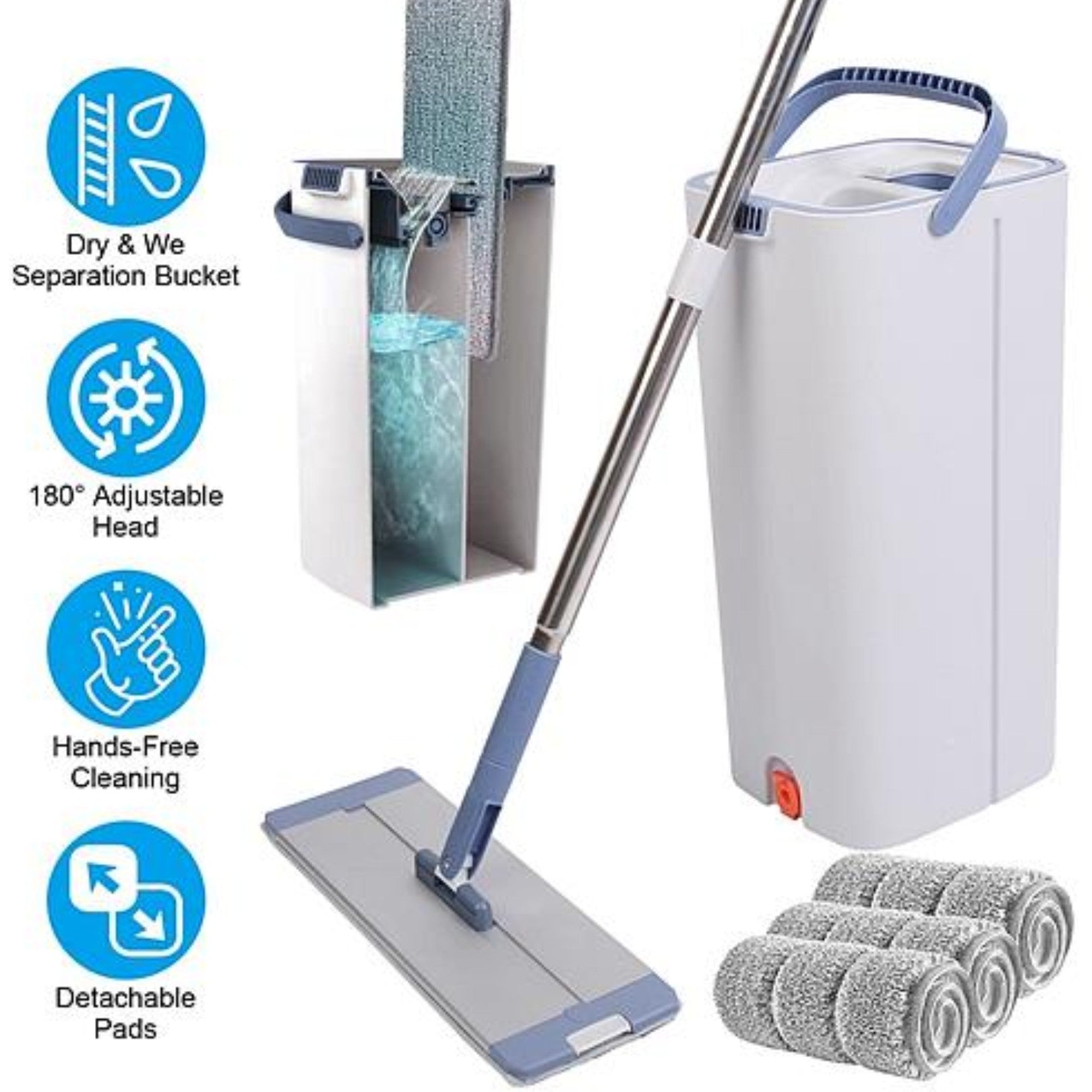 NewHome Mop Bucket with Wringer Set - Flat Floor Mop Clean and Dry Separate Bucket